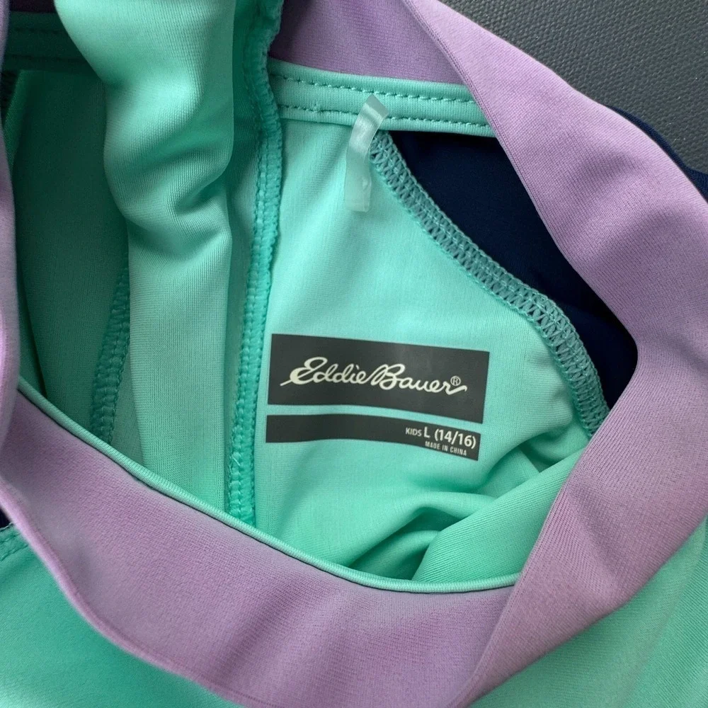 Eddie Bauer Girls L 14/16 Turquoise Purple Rash Guard Swim Shirt UPF 50+ Surf